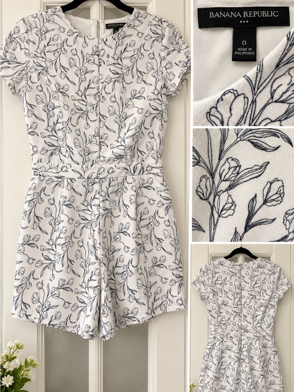 Banana Republic White Romper with Black Floral Print Size 0